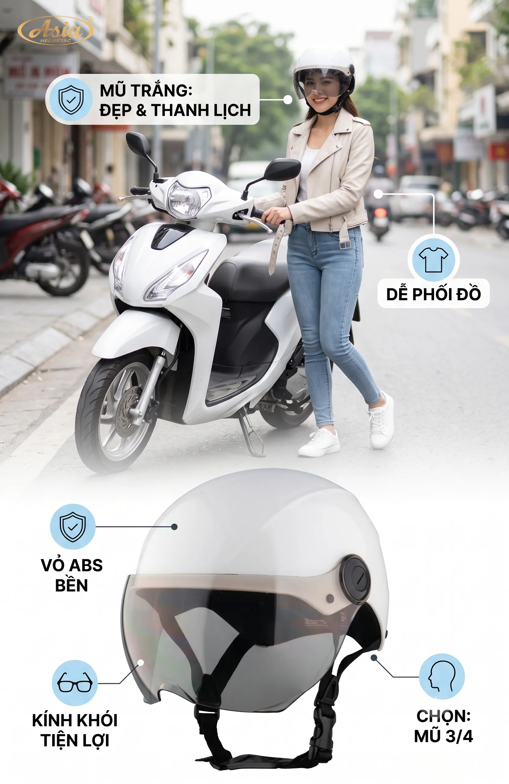 Mũ bảo hiểm màu trắng đẹp, dễ phối đồ và nên chọn loại nào?